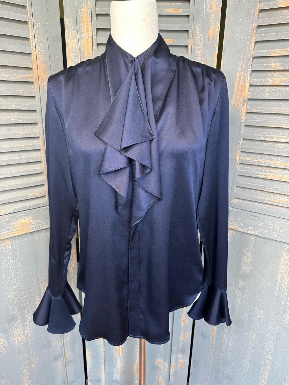 Ralph Lauren Vintage Silk Ruffled Blouse Icon Navy Sz 8